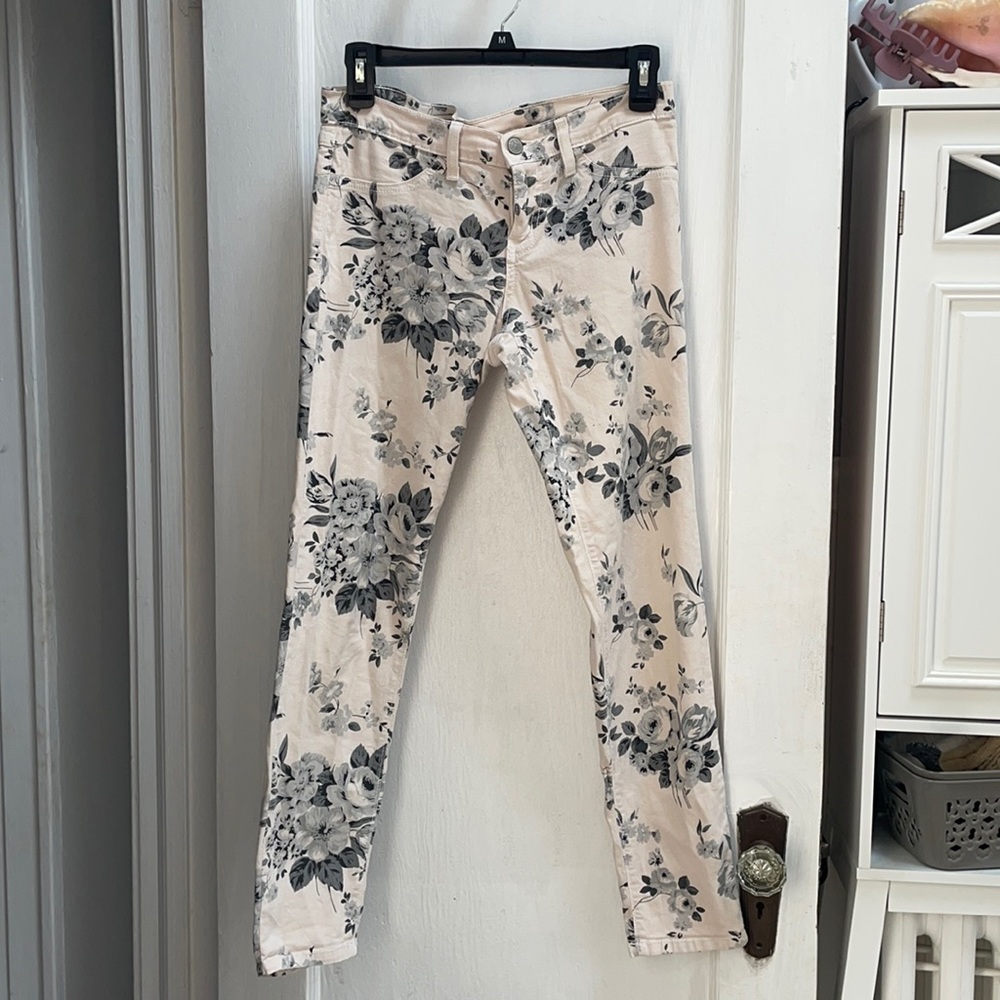 Floral off white dress pants with blue flowers